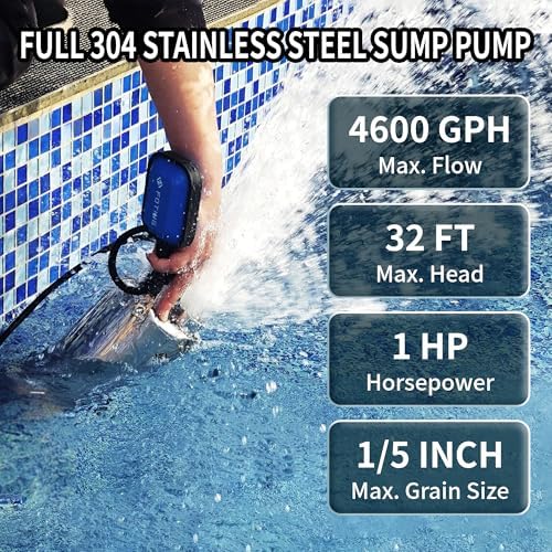 FOTING Full 304 Stainless Steel Sump Pump with Float Switch - 1HP 4600GPH Automatic Submersible Water Pump Fast Water Removal in Pools, Basements