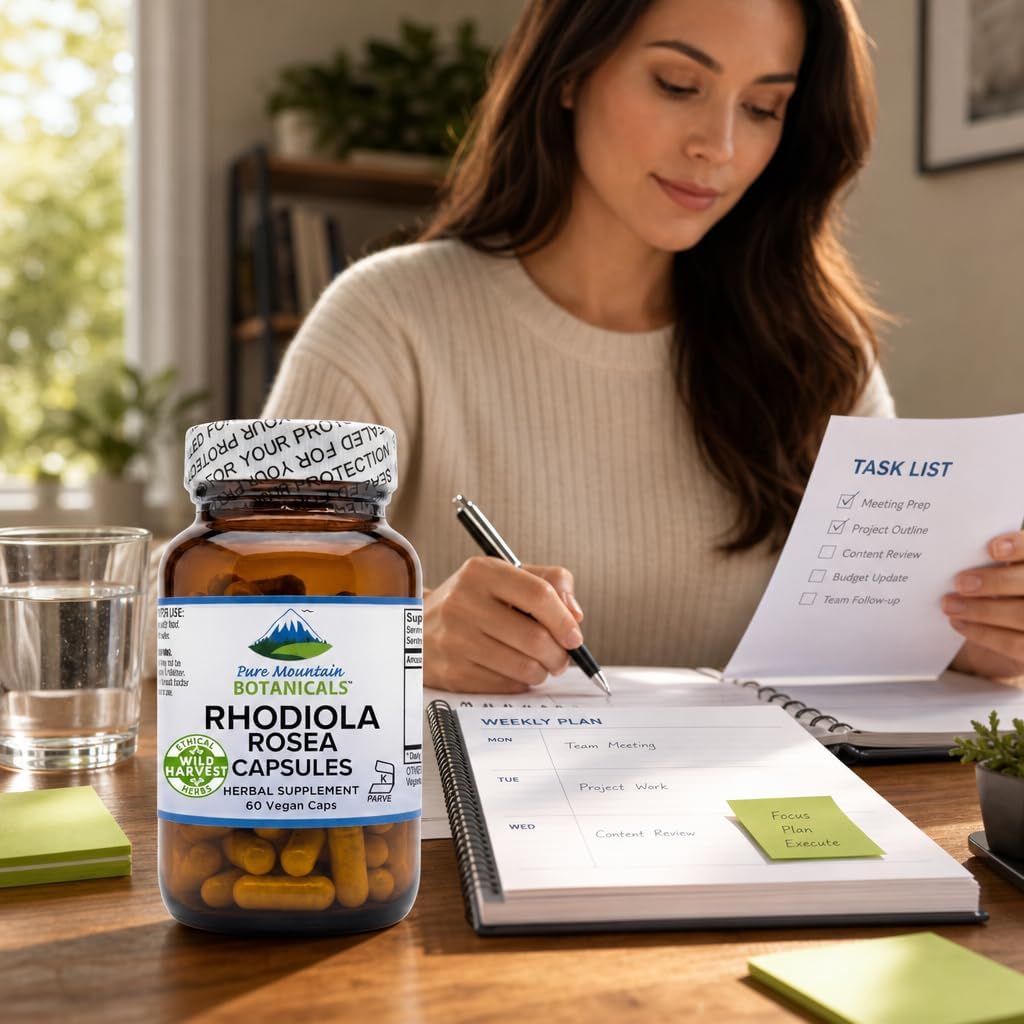 Pure Mountain Botanicals Rhodiola Rosea Supplement - 60 Capsules 250mg - Root Extract Standardized 3% Rosavins 1% Salidroside - Vegan Kosher Gluten