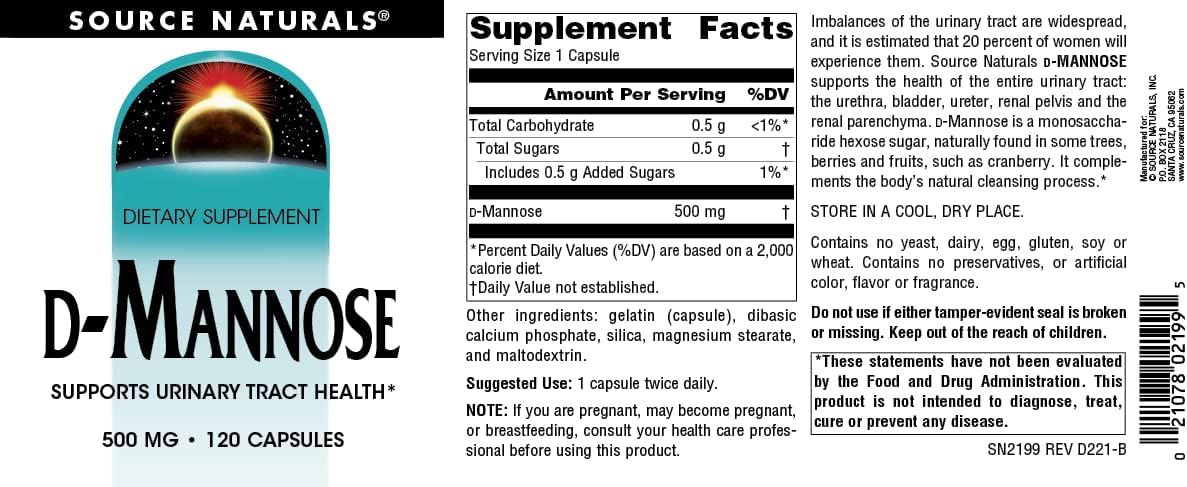 Source Naturals, D-Mannose - 500mg - 30 Capsules | Supports Urinary Tract & Bladder Health