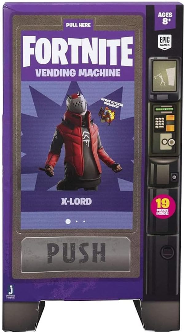 Fortnite Vending Machine, Features 4 Inch X-Lord Action Figure, Includes 9 Weapons, 4 Back Bling, and 4 Building Material Pieces
