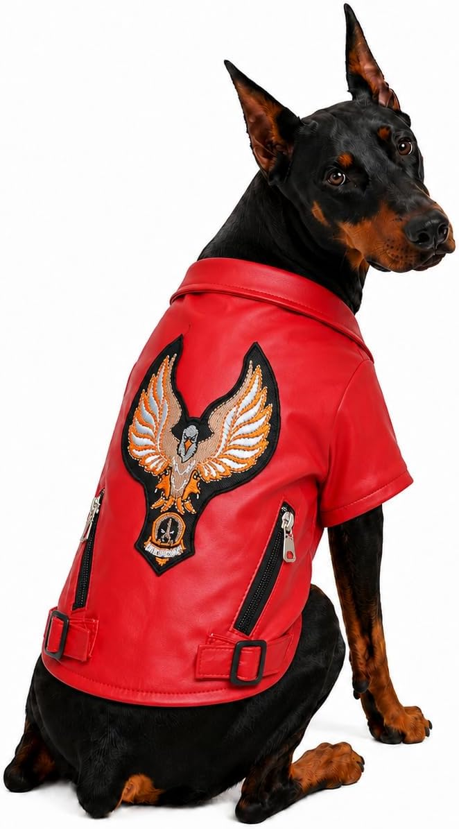 Lovelonglong Cool Dog Leather Jacket, Warm Coats Dogs Windproof Cold Weather Coats for Large Medium Small Dogs with Eagle Embroidery Black XS