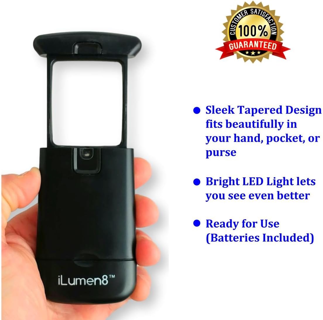 Best Pocket Magnifying Glass by iLumen8-3X Small Magnifier with Lights. Great for Seniors, Kids, Travel. Fits into Purse or Pocket Read Maps, Menu
