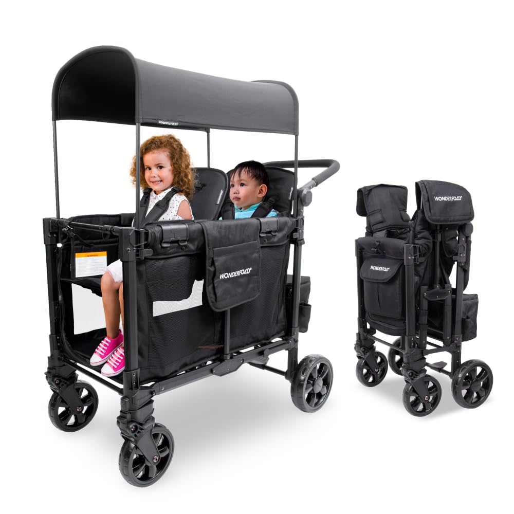 WonderFold W2 Stroller Wagon, Steel Frame, 2 Seater, Black