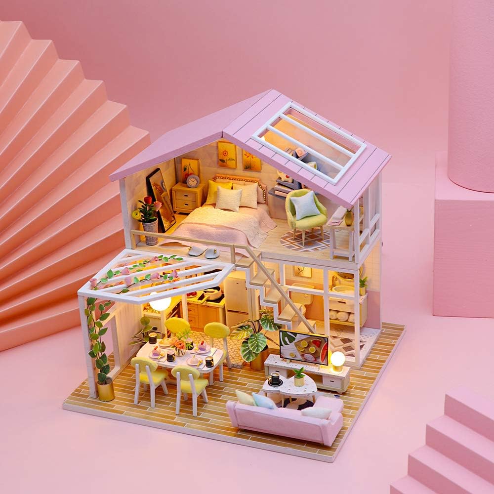 GuDoQi DIY Miniature Dollhouse Kit with Furniture, Tiny House kit 1:24 Scale, Need to Assemble Around 30 Hours