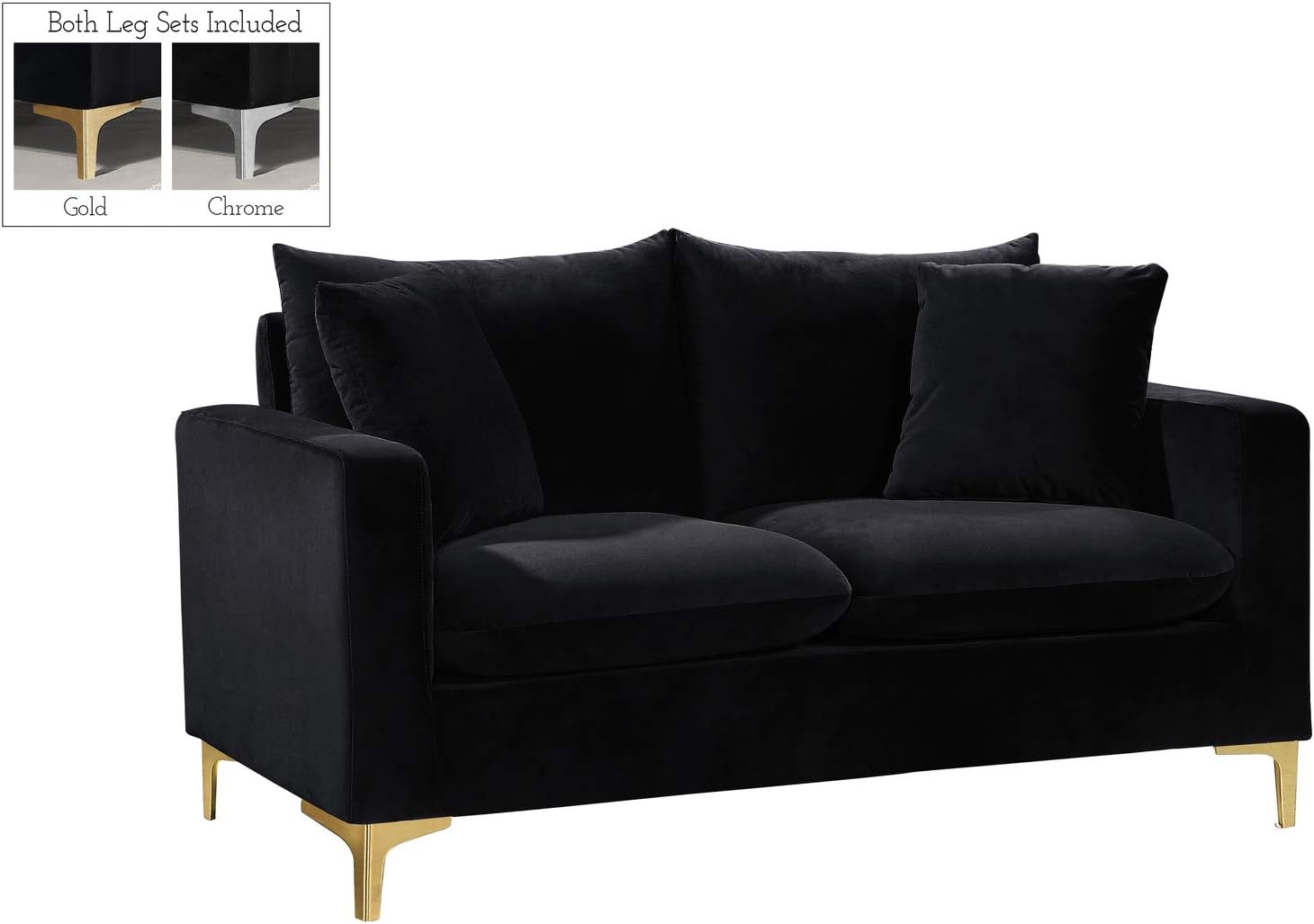 Meridian Furniture Naomi Collection Modern | Contemporary Grey Velvet Upholstered Loveseat with Stainless Steel Base in a Rich Gold or Chrome Finish, 633Grey-L
