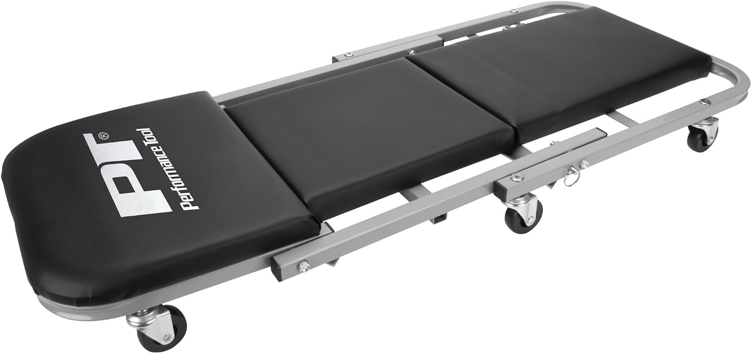 Performance Tool W85014 38 in. Low-Profile Automotive Mechanics Creeper | Oversized x-frame low profile creeper with 2-inch extra cushion padding. 5-inch jumbo swivel casters. 300 lb. capacity