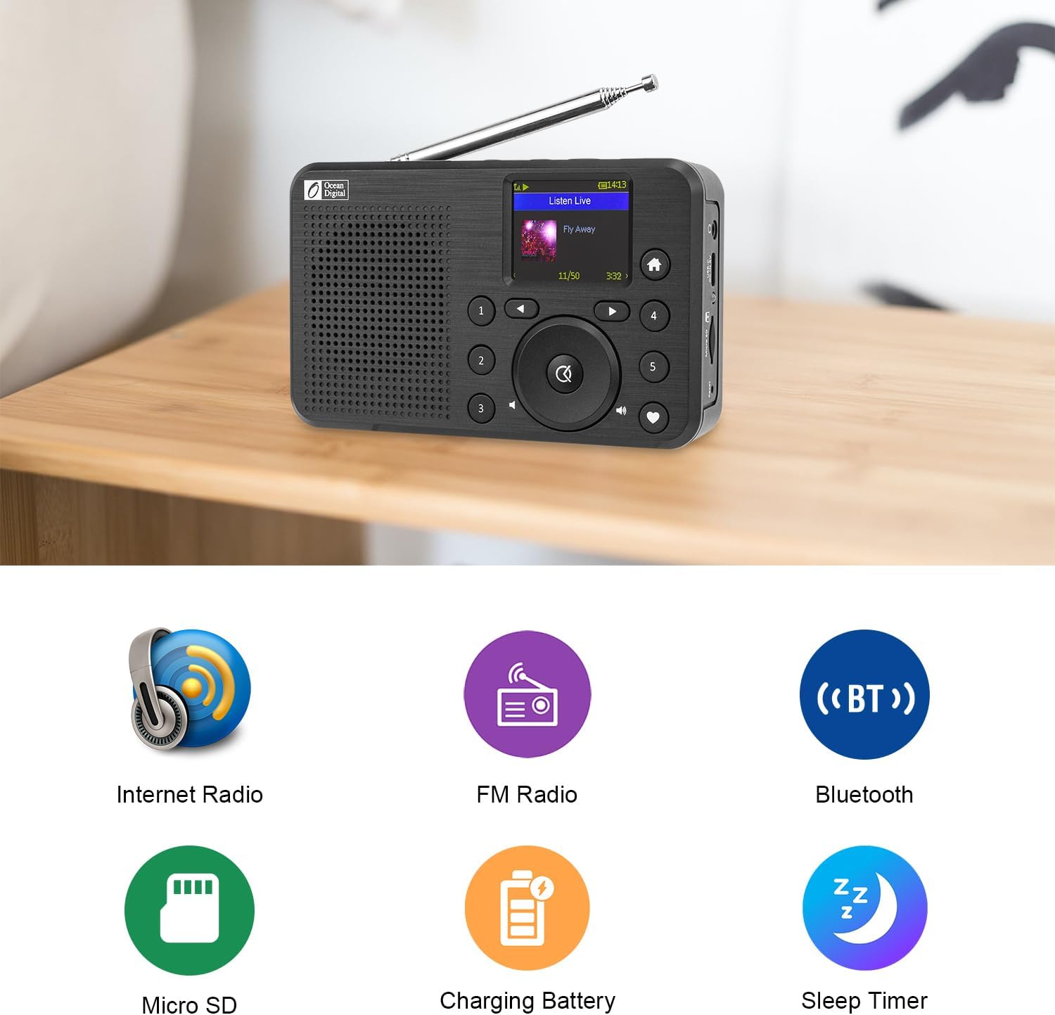 Ocean Digital WR-18 Handheld Portable Internet Radio, FM, Bluetooth Speaker, Micro SD, Rechargeable, 5 Preset Buttons, Dimmer, Auto-Off Timer