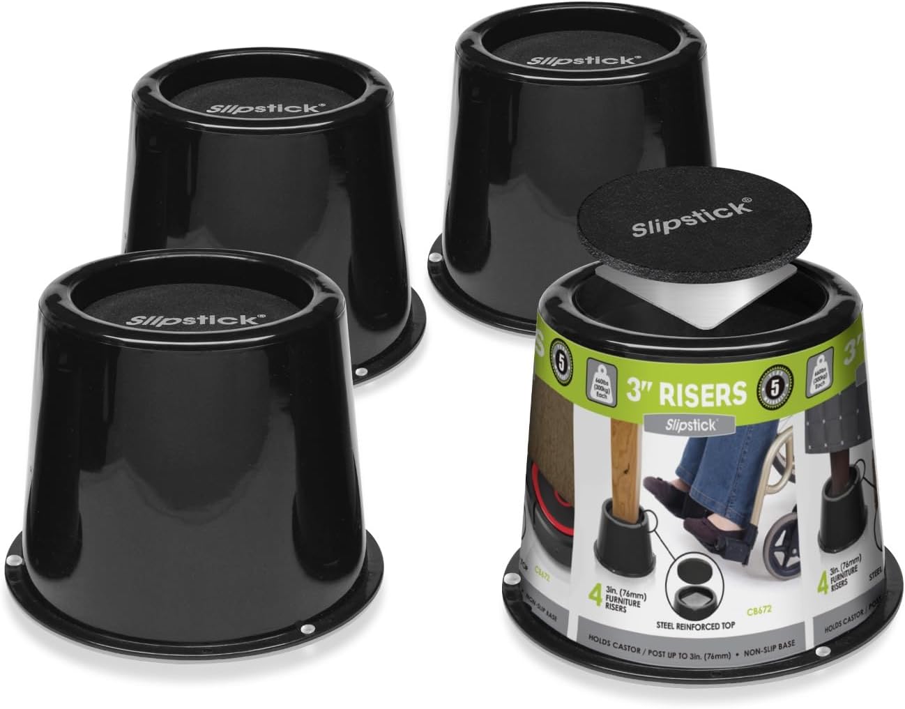 Slipstick CB672 Premium 3 Inch Bed Risers/Furniture Raisers with Steel Reinforced Caster Wheel Holder Top, Lifts Height 3" (4 Pack) Supports 2