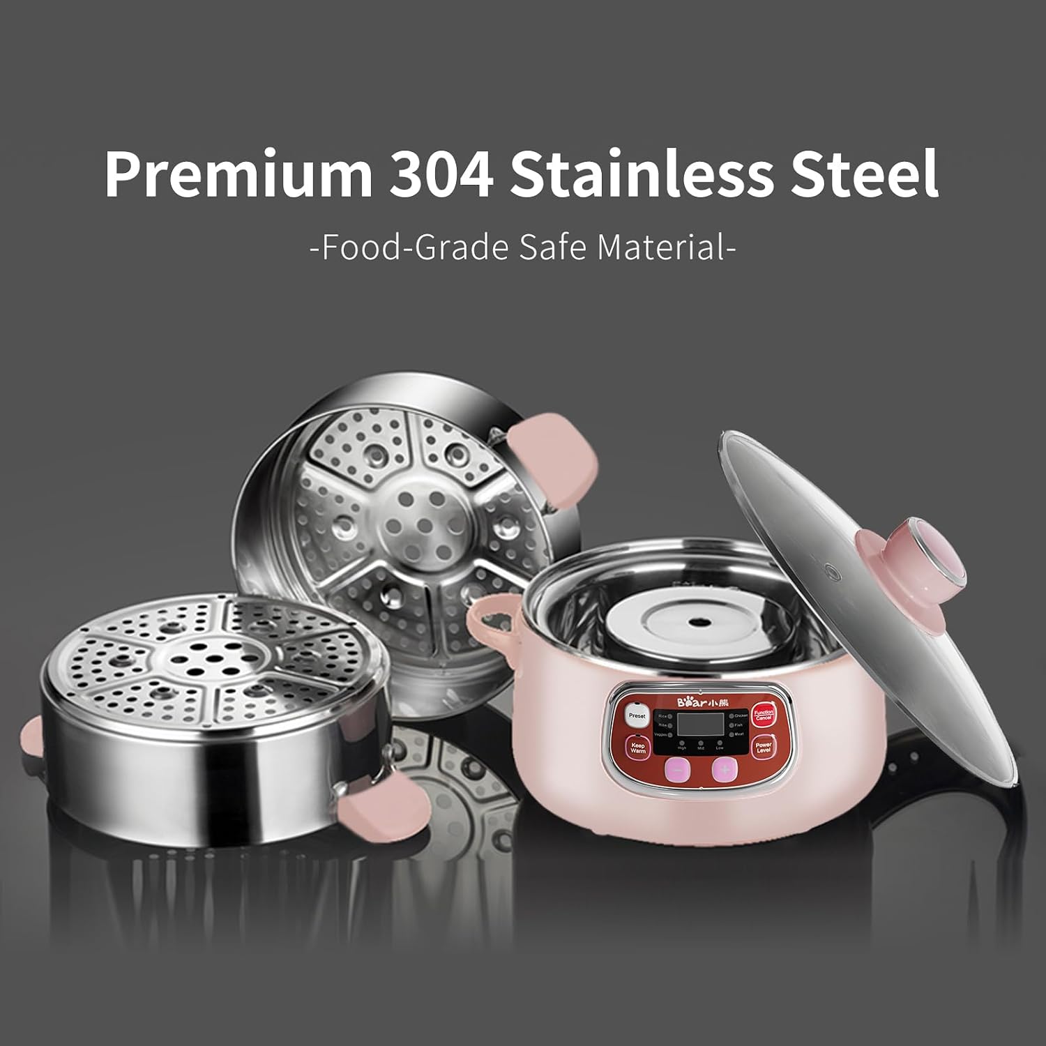 Bear Electric Multifunctional Food Steamer, One Touch Digital Steamer with Timer, Vegetable Steamer 2 Tiered Stackable Stainless Steel Baskets