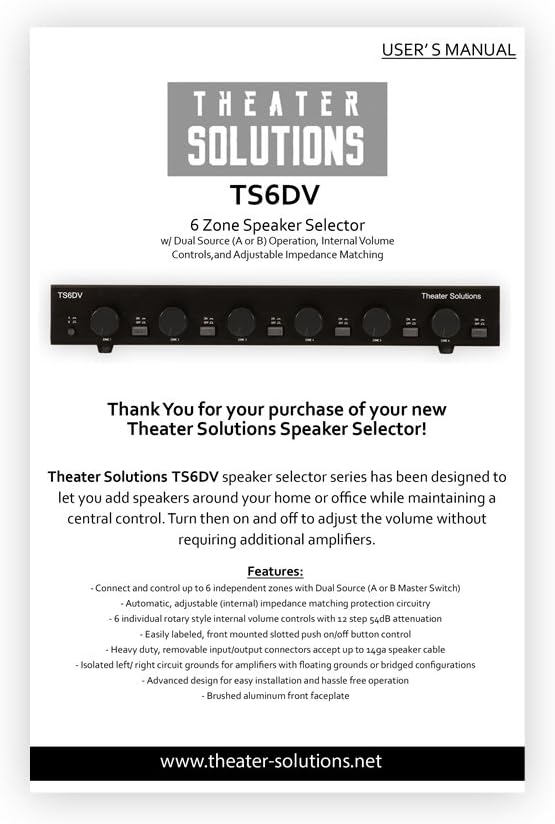 Theater Solutions TS6DV Dual Input 6 Zone Speaker Selector Box Volume Controls