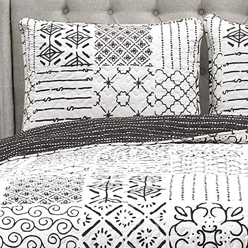 Lush Decor Monique 3 Piece Reversible Print Pattern Blue Quilt Set - Full Queen