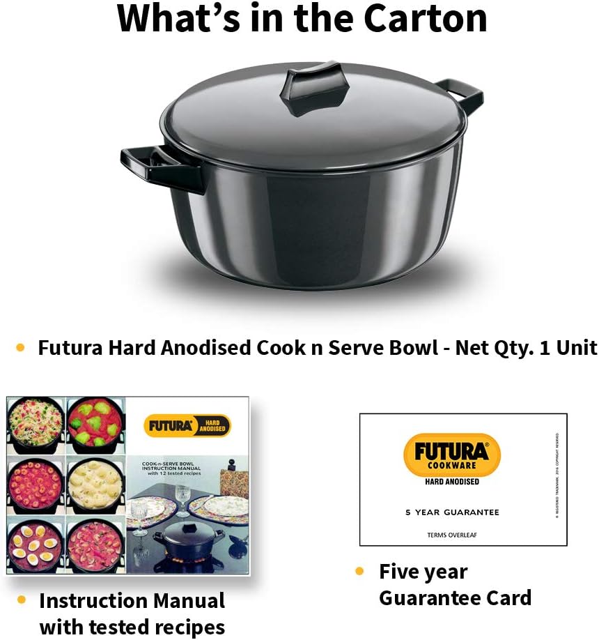 Hawkins Futura 6 Litre Cook n Serve Bowl, Hard Anodised Saucepan with Hard Anodised Lid, Sauce Pan for Cooking and Serving, Black (ACB60) (Aluminium)