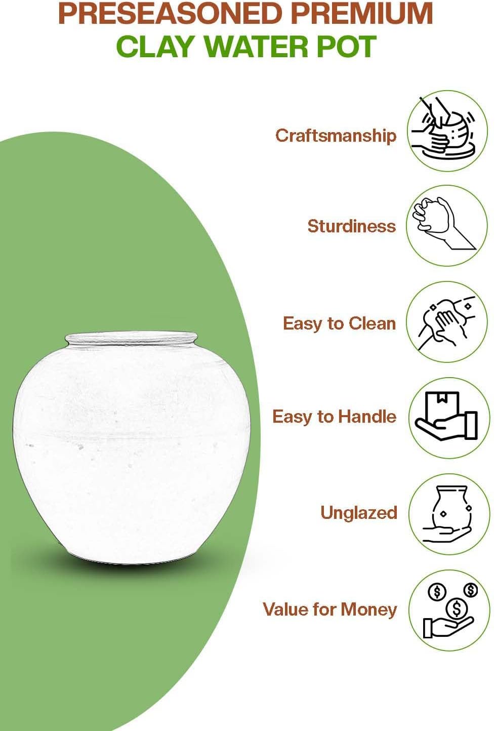 Village Decor Terracotta Water pot With Lid & Glass |Preseasoned Terracotta Mud(Capacity 6000 ml / 202 oz)