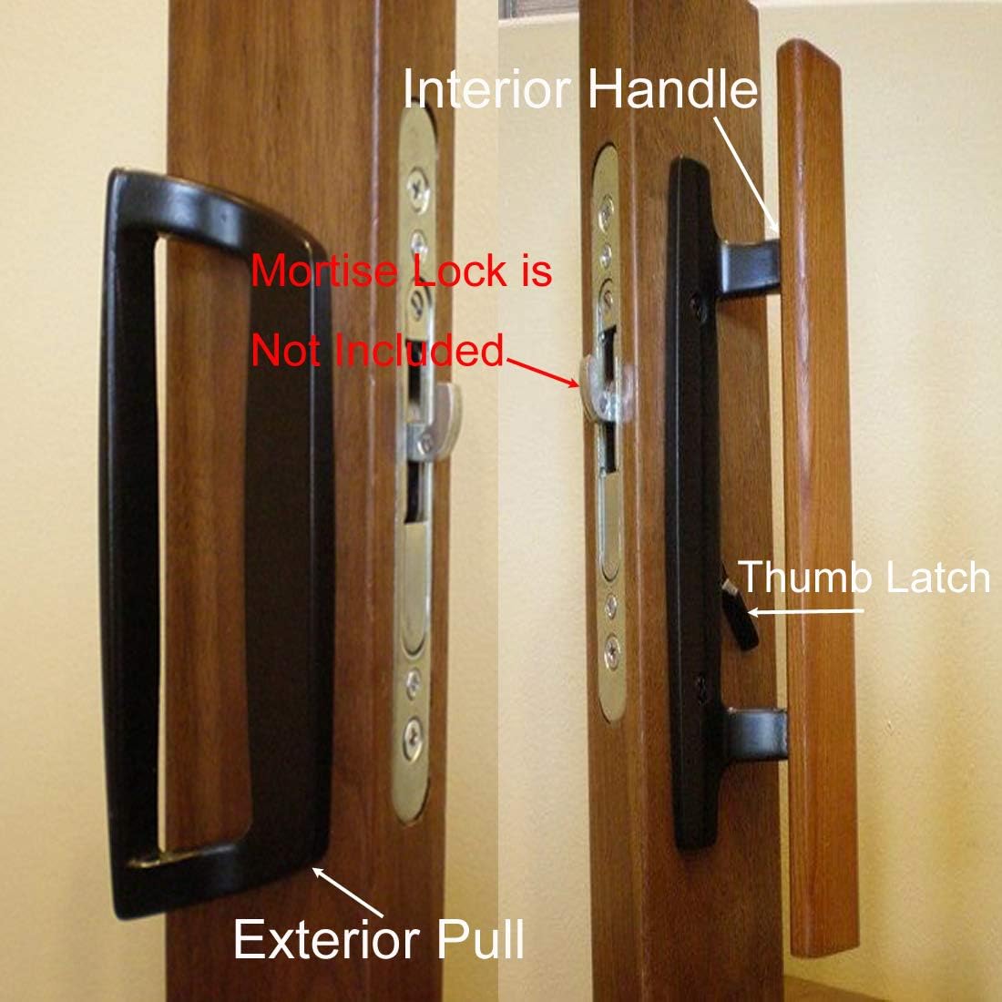 Mortise Style Reversible Sliding Patio Door Handle Set with Oak Wood Interior Handle and Exterior Pull in White Diecast Finish Fits 3-15/16” Screw