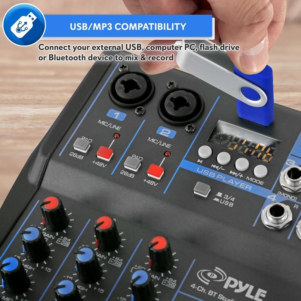 Pyle 4 Channel Audio Mixer with Bluetooth - DJ Sound Board Controller - USB Computer Input - Built-in MP3 Player - 48V Phantom Power - 3 Band EQ
