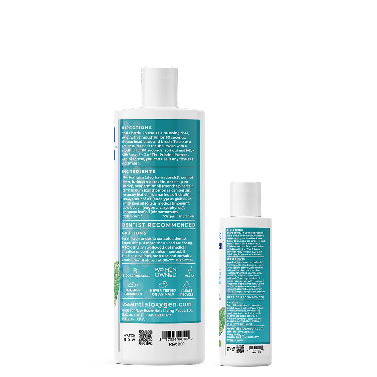 Essential Oxygen Certified BR Organic Brushing Rinse, All Natural Mouthwash for Whiter Teeth, Fresher Breath, and Happier Gums, Alcohol-Free Oral Care, Peppermint, 16 Ounce, Package may vary