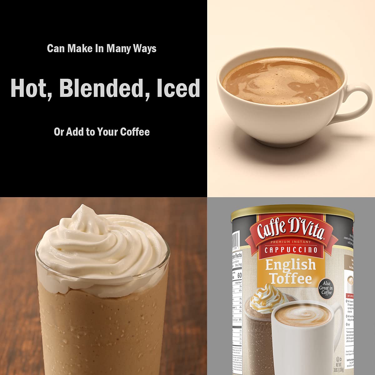 Caffe D'Vita Mocha Cappuccino Mix - 4 lb can (64 oz.) | Instant Cappuccino Mix, Gluten Free, No Cholesterol or Trans Fat, 99% Caffeine Free, Mocha