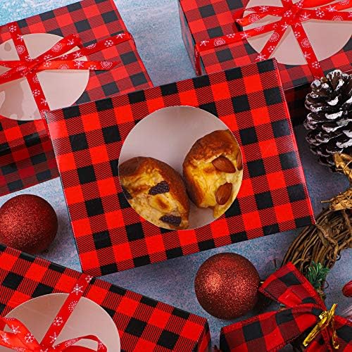 Aneco 12 Pack Christmas Cookie Boxes with Window Red and Black Plaid Holiday Treat Boxes Paper Food Boxes Xmas Gift Bags Cake Candy for Gift Giving