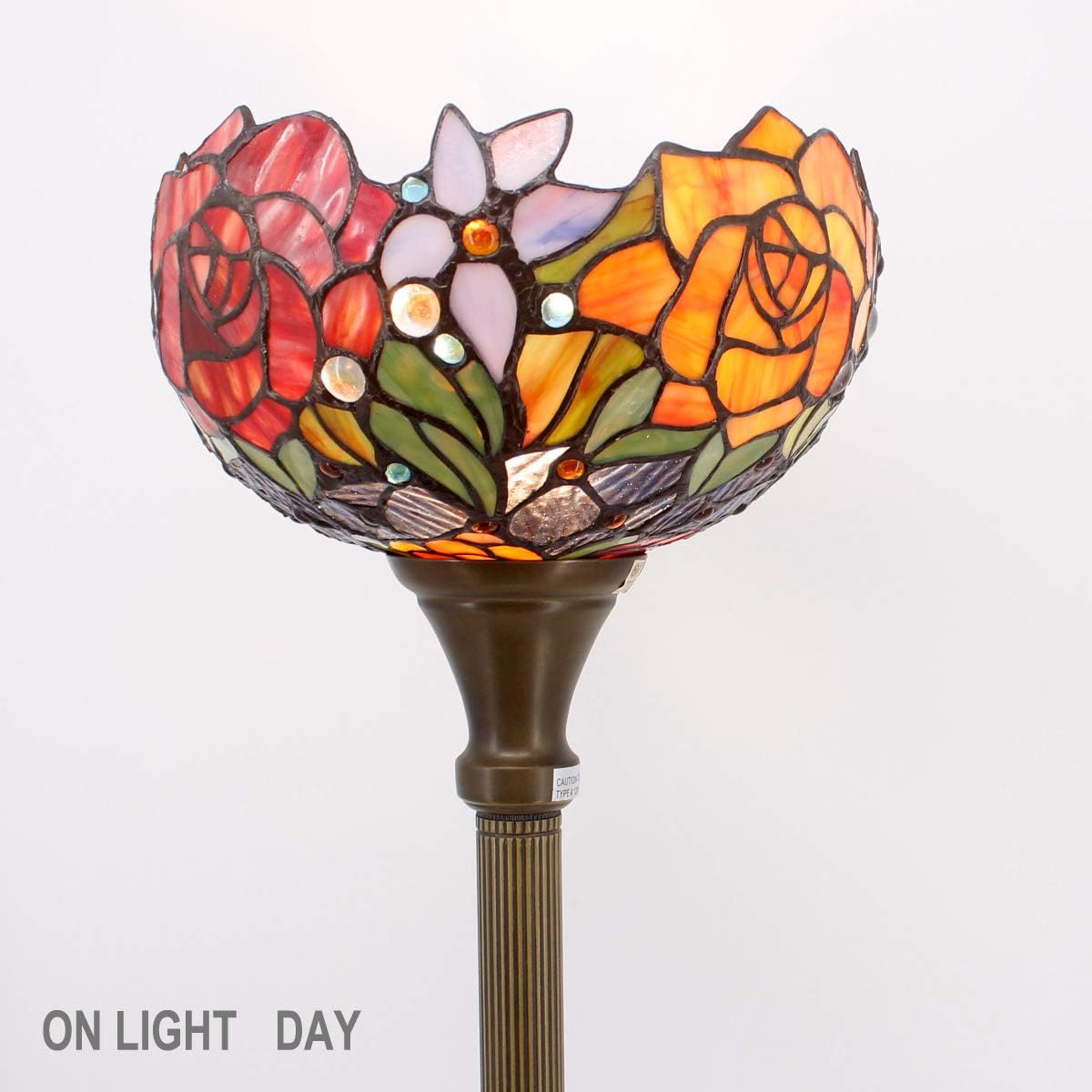 WERFACTORY Tiffany Floor Lamp Red Rose Flower Stained Glass Light Torchiere | 10X10X71 Inches Pole Standing Corner Torch Uplight Decor Bedroom