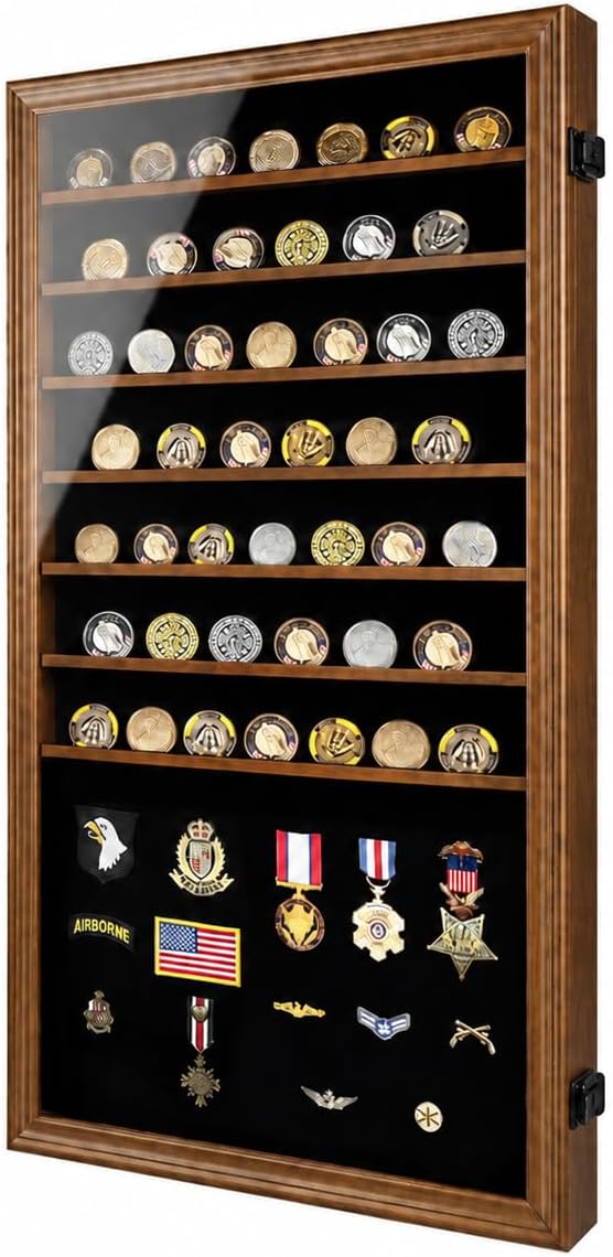 Jinchuan Military Challenge Coin Display Case Lockable Cabinet Rack Holder Shadow Box with Removable 2 Grooves Shelves and Anti Dust Door for Casino