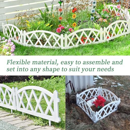Sungmor Plastic Garden Fence Border Set - Lightweight Decorative Landscape Edging Panels, White Flower Bed Lawn Border - Easy Install for Soft Soil