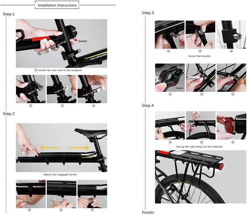 HOMEE Rear Bike Rack, Bike Cargo Racks Frame for 26"-29" Frames | Aluminum Alloy Universal Adjustable Cycling Equipment Stand Footstock Bicycle Luggage Carrier with Tools and Reflector