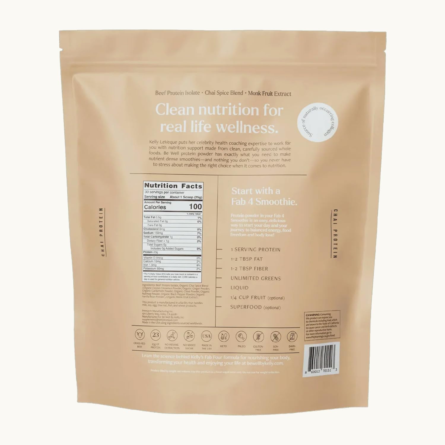 Be Well by Kelly Grass Finished Beef Protein Powder Vanilla Flavor