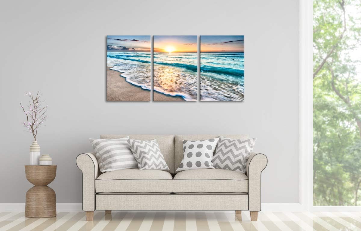 Wieco Art 3 Panel Blue Beach Canvas Wall Art for Home Decor Sunset White Wave Beach Pictures on Canvas Sea View Canvas Prints Artwork for Wall Decor