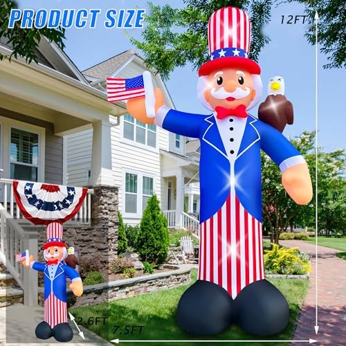 SEASONBLOW 12FT Independence Day Inflatable Uncle Sam with Bald Eagle Decorations Patriotic 4th of July LED Light Up Blow up Flag for Home Yard Lawn