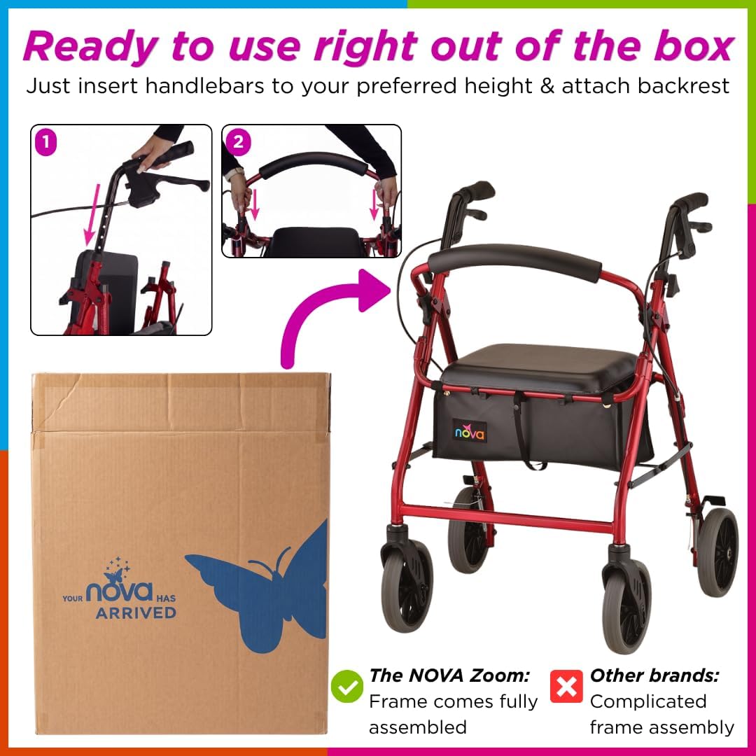 NOVA Zoom 22 Rollator Walker for Seniors, Rolling Walker with Locking Hand Brakes, Padded Seat & 8" Wheels, Lock N Load for Easy Transport & Storage, Adjustable Height 5'5"–6'1", Red