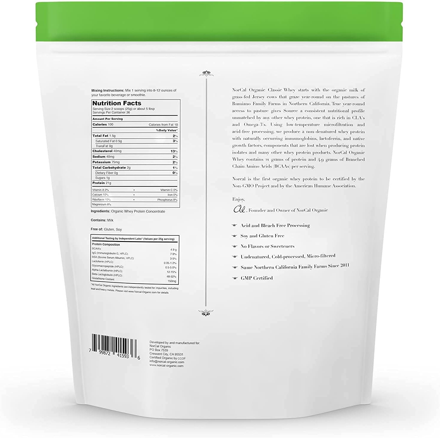 NorCal Organic Grass-Fed Whey Protein, USDA Certified, Unflavored, 2 lb