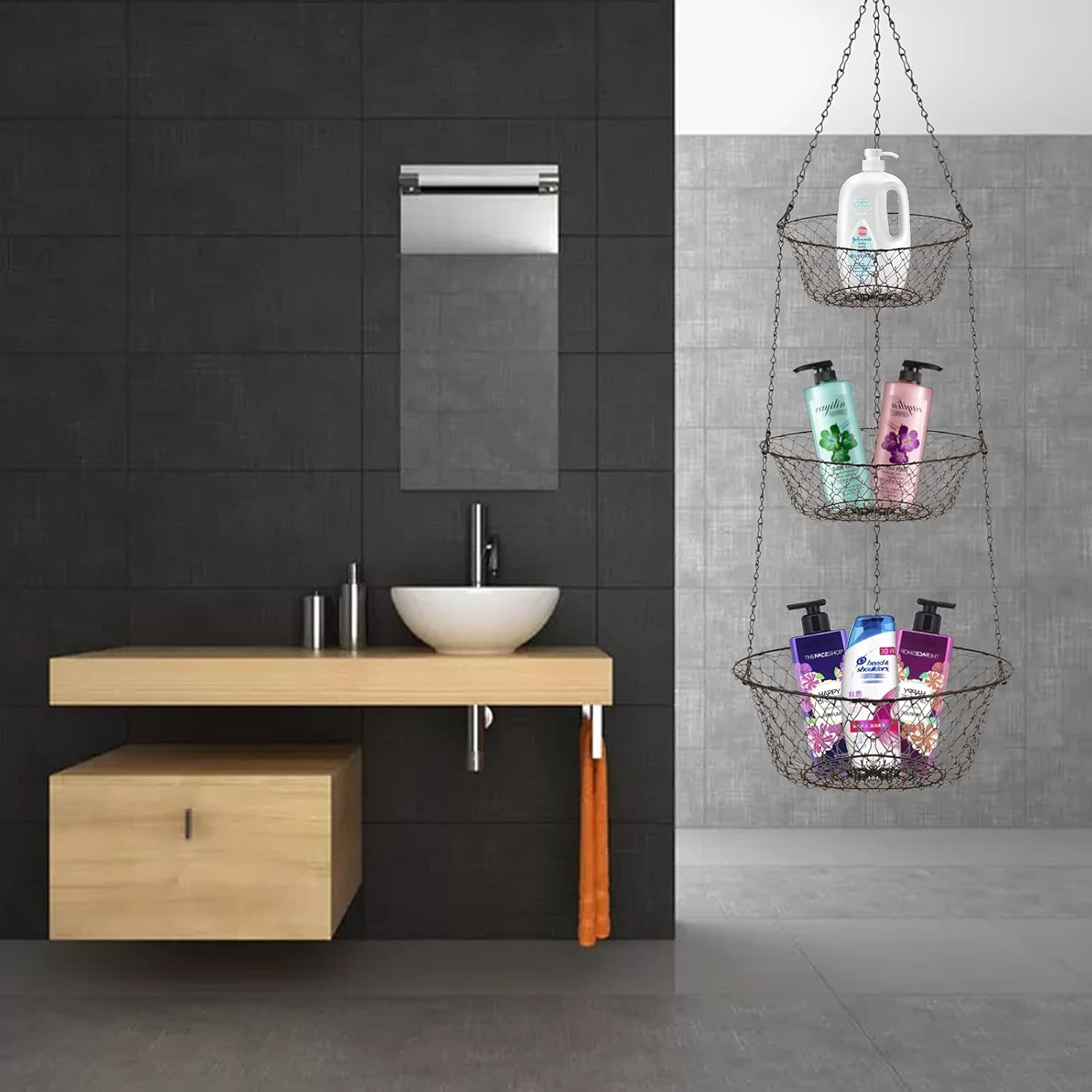 3-Tier Hanging Basket, Storage Organizer for Fruits,Vegetables, Accessory, perfer for Kitchen and Bathroom
