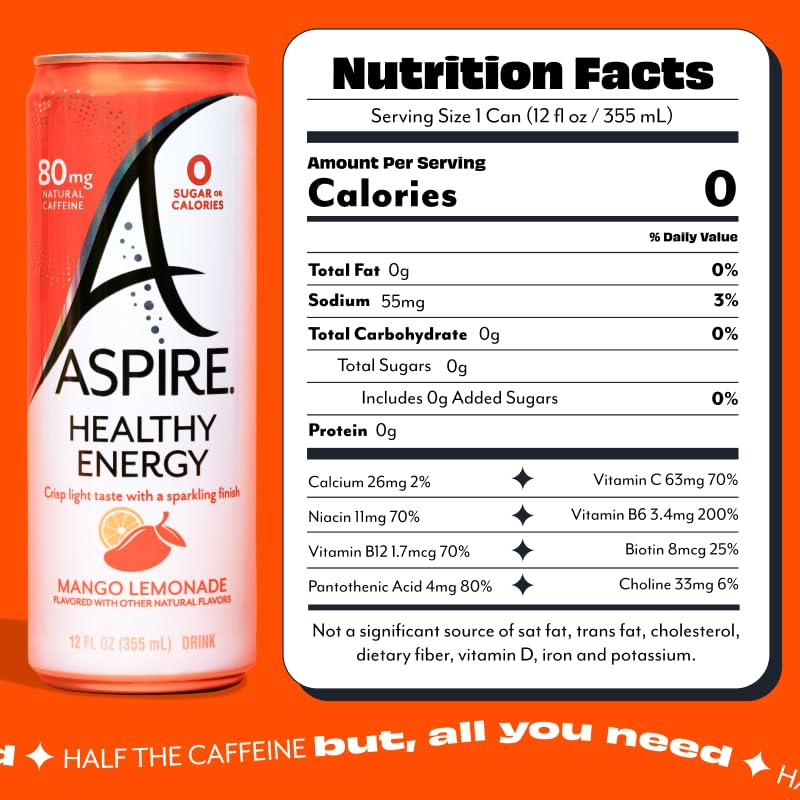 ASPIRE® Raspberry Acai, Healthy Energy Drink 80mg Natural Caffeine, Zero Sugar No Carbs Keto Friendly, 12 Pack Green Tea Sugar Free Drink Low Caffeine Zero Calorie