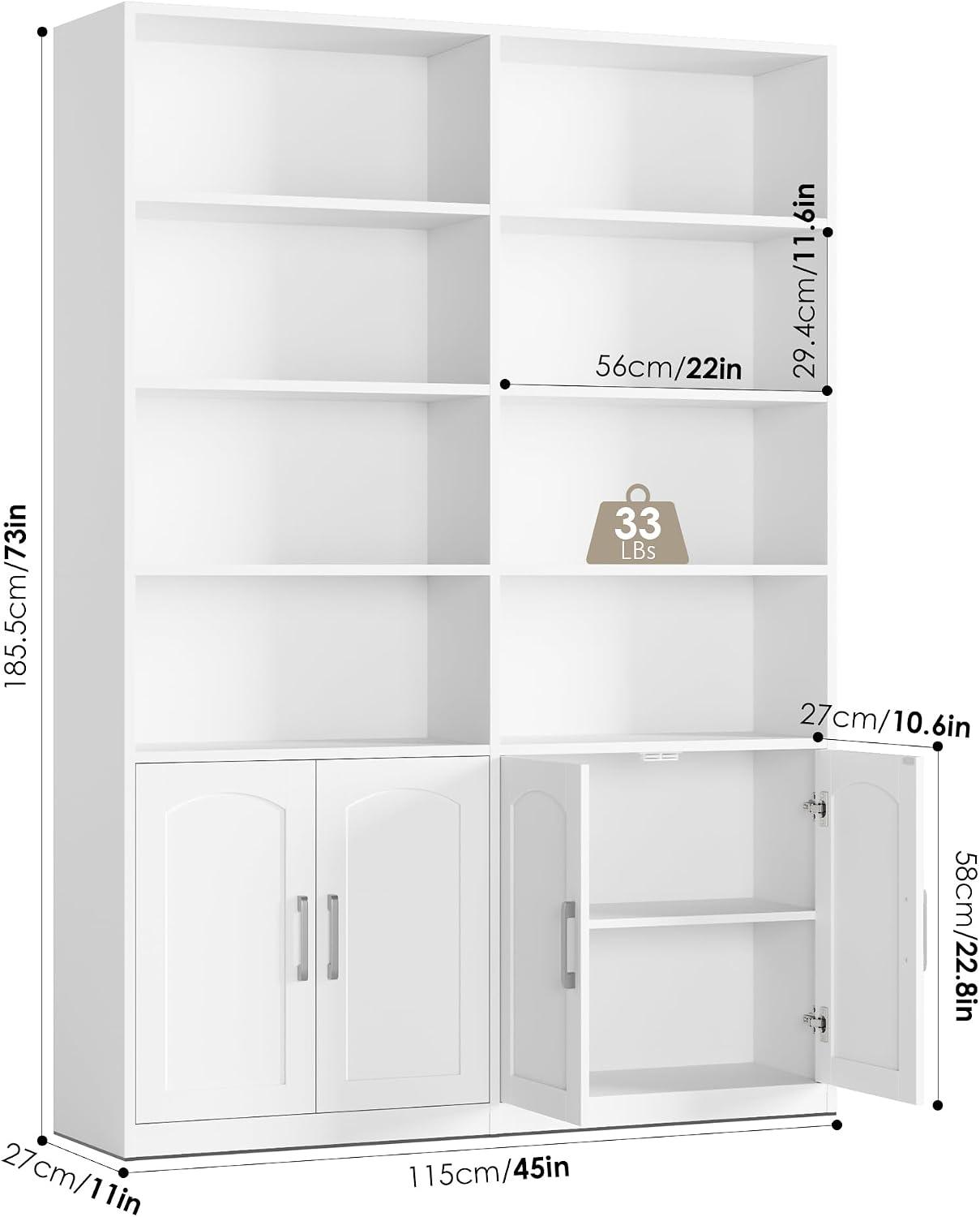 Bookshelf and Bookcase with Doors, Double Wide Large Bookshelves | Industrial Open Display Shelves 6 Tier, 73'' Tall Bookshelf with Storage Cabinets for Office,Home, Living Room, Library,White