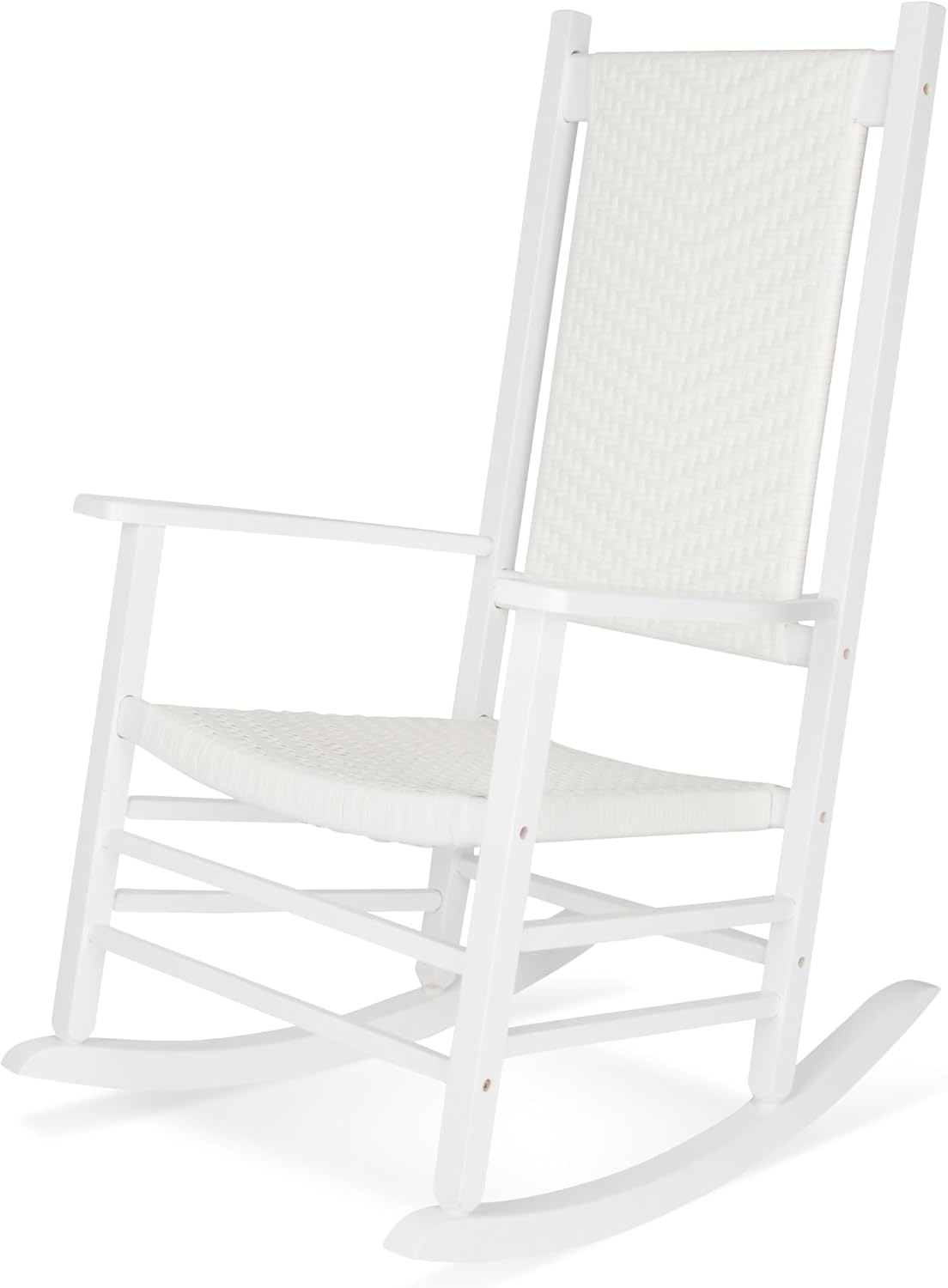 Shine Company Hampton Porch Rocker, High Back Wood Rocking Chair, Rattan Backrest & Seat, White