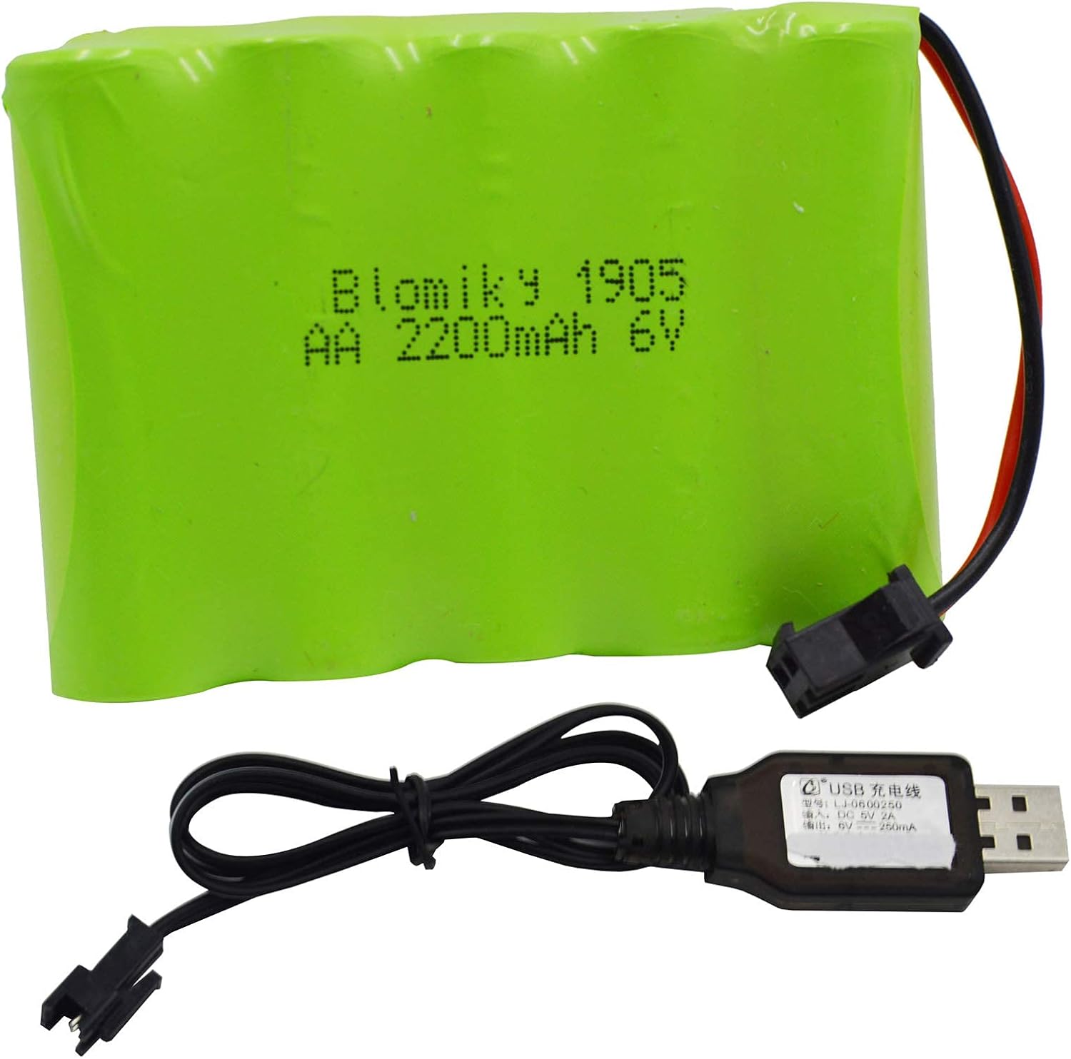 Blomiky 6V 2200mAh Ni-MH 5 AA Rechargeable Battery Pack with SM-2P Black 2 Pin Connector Plug and USB Cable for RC Truck Cars Vehicles 6V NiMh