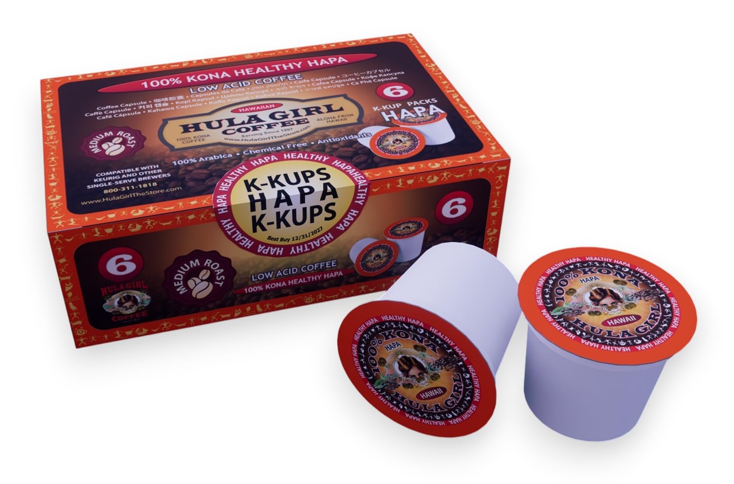 Hula Girl 100% Kona Coffee, Single Serve for Keurig K-Cup Brewers, Medium Roast, Works in the New K2