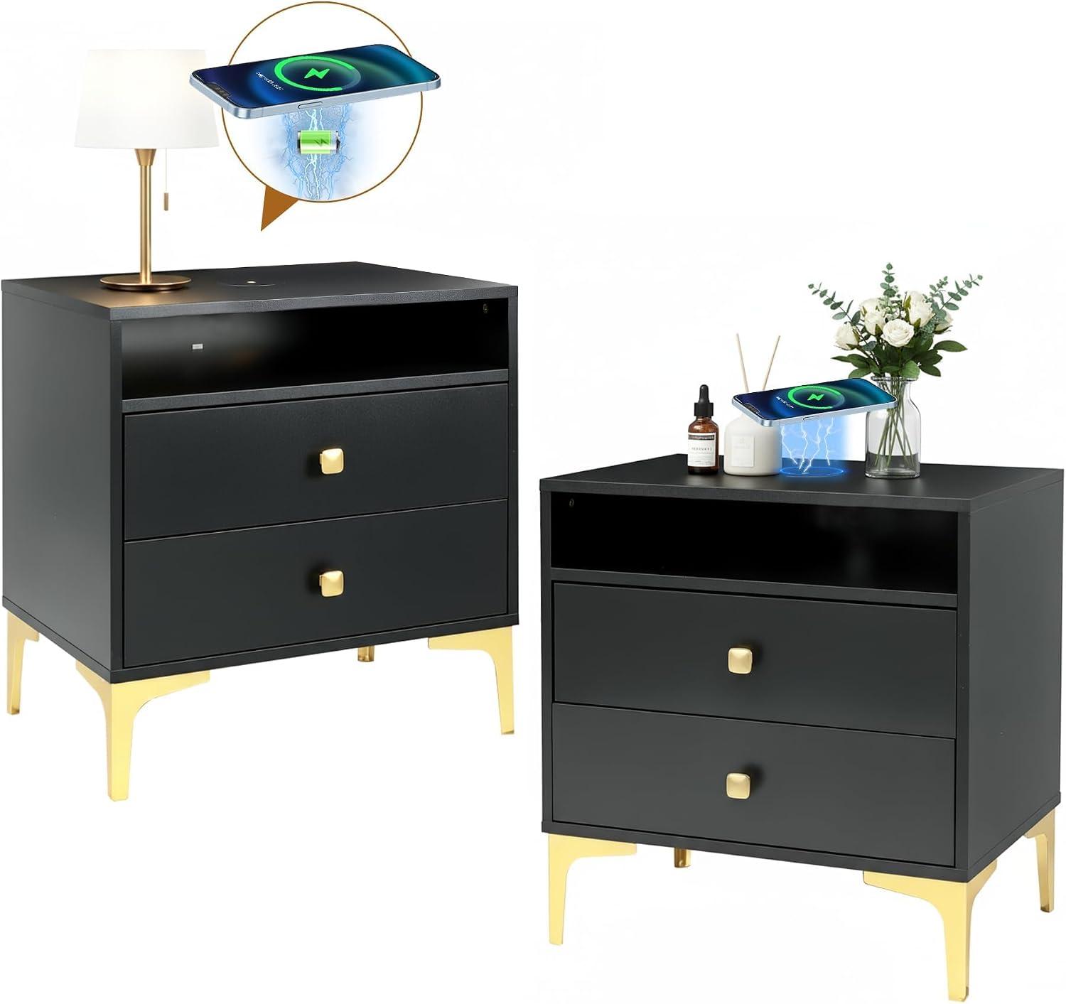 AILEEKISS Black Nightstands Set of 2 with Wireless Charger Station | Modern Bedside Tables Tall Night Stands Storage with 2 Drawers Metal Legs for