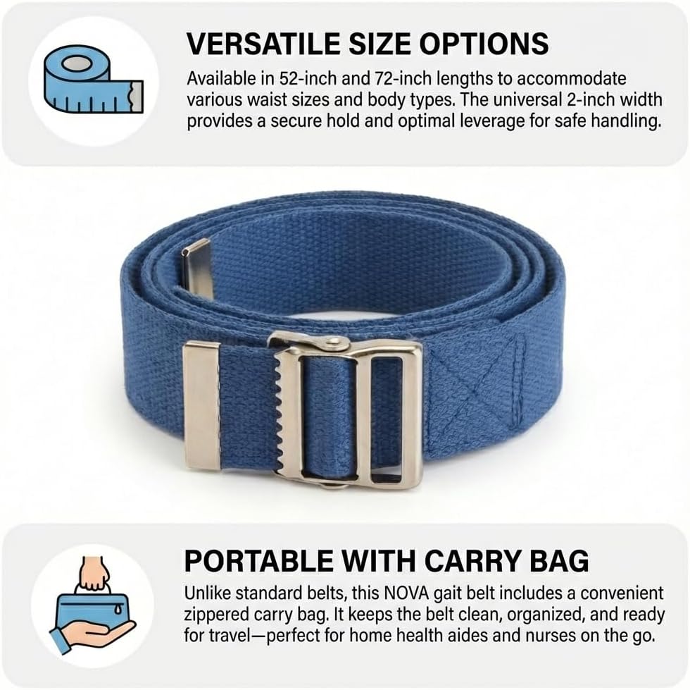 NOVA Medical Gait Belt 72” – Metal Buckle Transfer Belt for Patient Mobility, Striped Cotton, Adjustable Walking Assist for Elderly, Caregivers & Nurses – Durable, Washable, Portable with Bag