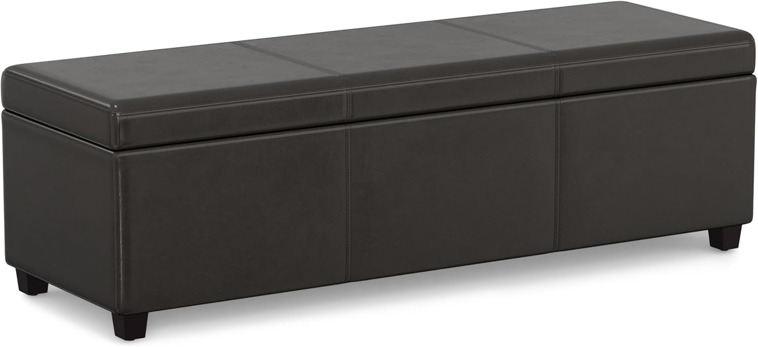 SIMPLIHOME Avalon 54" Wide Vegan Leather Storage Ottoman in Tanners Brown