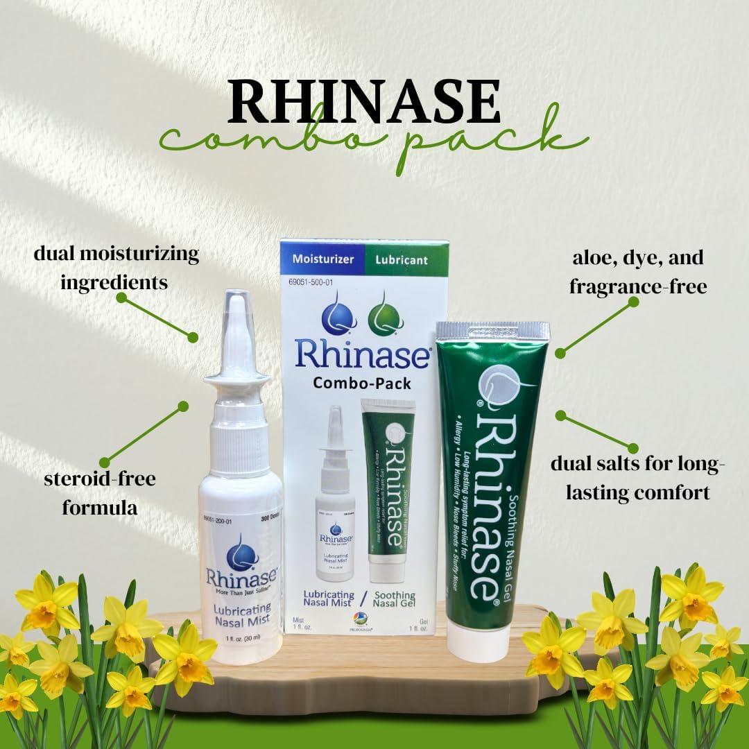 Rhinase Nasal Care Combo Pack - Nasal Gel (1 oz) & Saline Spray (1 oz) for Dryness, Allergy Relief & Nosebleed Prevention, Aloe-Free & pH Balanced