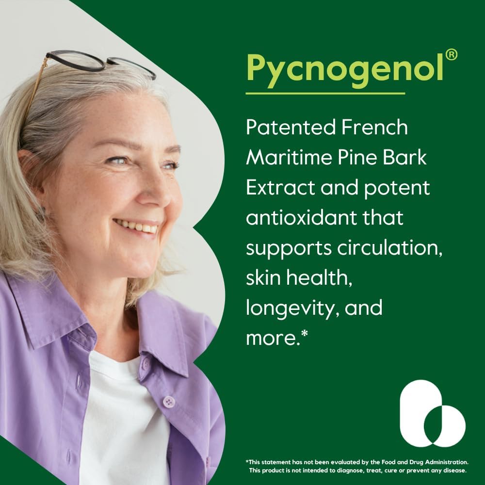 BESTVITE Pycnogenol 100mg (60 Caps) - French Maritime Pine Bark Extract | No Stearates - Gluten Free - Non GMO - Scientifically Studied - Healthy Aging Supplement* - Easy to Swallow Caps