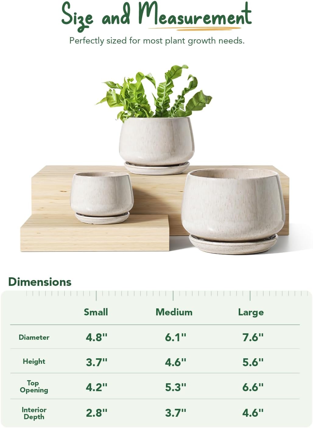 LE TAUCI Plant Pots, 4.1+5.1+6.5 inch, Set of 3, Ceramic Planters with Drainage Hole and Saucer, Indoor Flower Pot with Hole Mesh Pad, Gifts for Mom