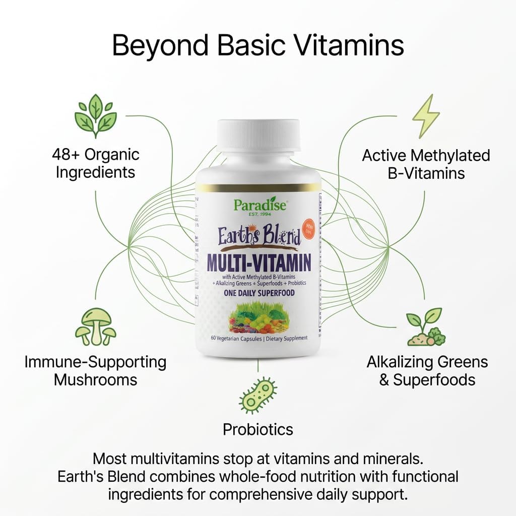 Paradise Herbs & Essentials Once Daily Multivitamin Iron 60 Capsules | Organic superfoods, probiotics, and vitamins A, B12, C, D, K2 in a dietary supplement for immune and bone support.