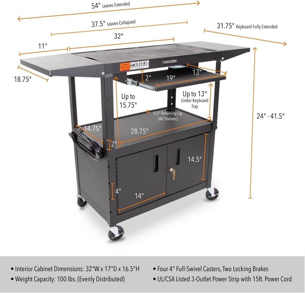 Line Leader AV Cart w/Locking Cabinet, Black Metal Utility Cart with Storage Shelf - Height Adjustable, Mobile and Great for Offices, Classrooms, Libraries (Black, 24in x 18in)