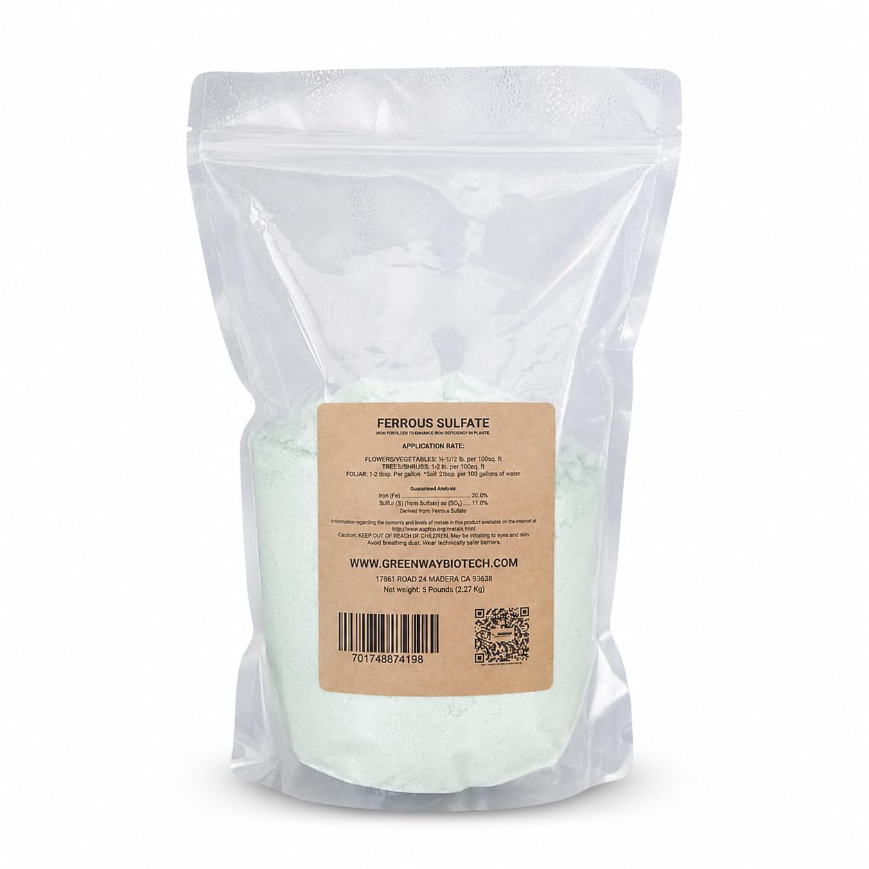 Greenway Biotech Ferrous Sulfate 20% Iron Fe Fertilizer, Water Soluble Plant Food with Sulfur for Lawns Trees Shrubs Vegetables and Acid-Loving Plants, Powder Soil Amendment 1 LB