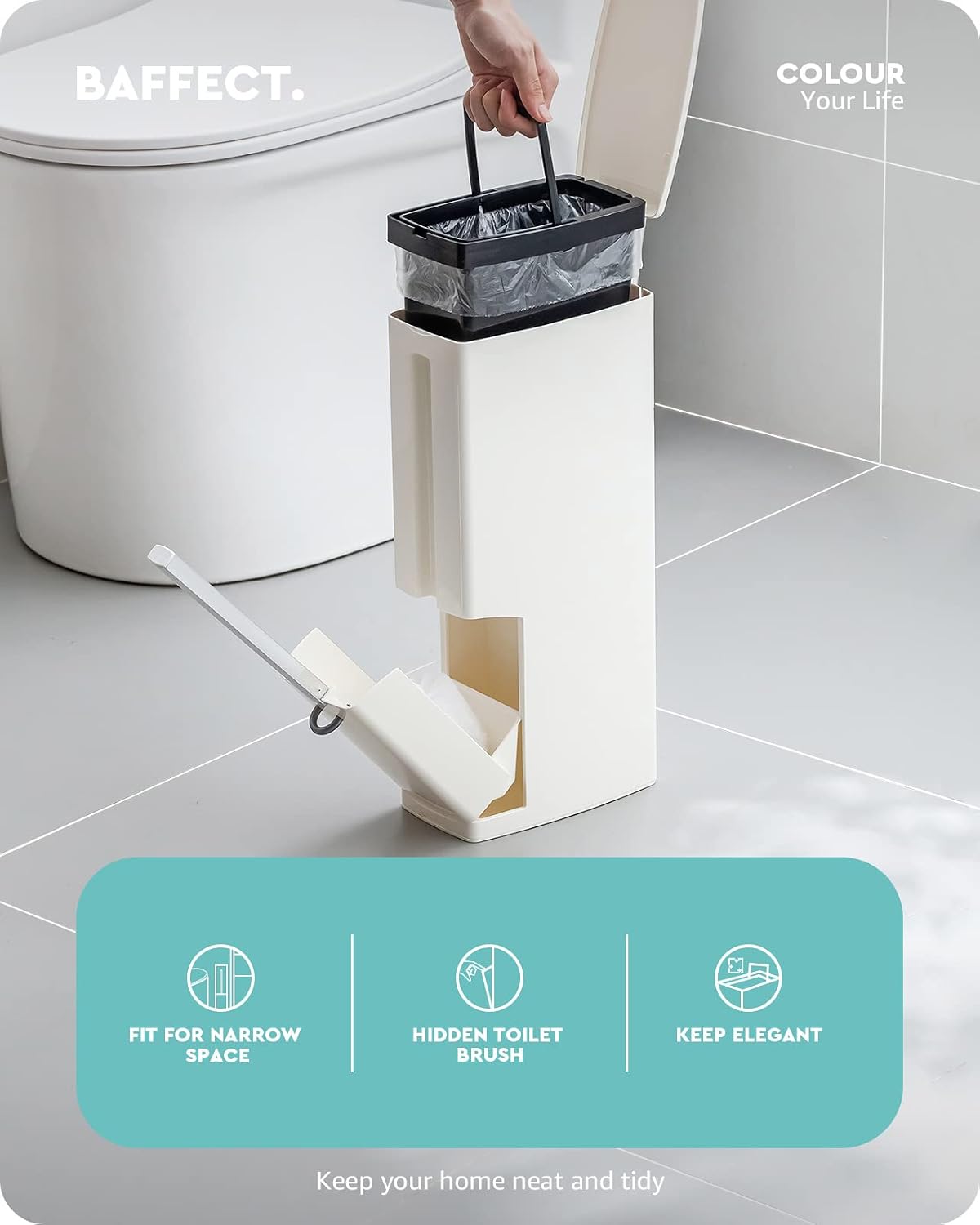 Baffect 2 Liter White Slim Bathroom Trash Can with Lid and Toilet Brush Holder | RV Small Bathroom Trash Bin With Hidden Long Handle Toilet Rim Brush