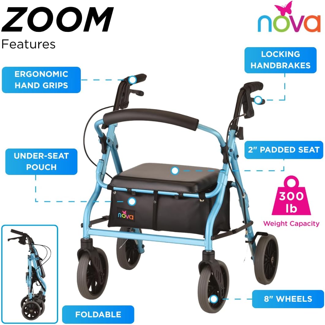 NOVA Zoom 22 Rollator Walker for Seniors, Rolling Walker with Locking Hand Brakes, Padded Seat & 8" Wheels, Lock N Load for Easy Transport & Storage, Adjustable Height 5'5"–6'1", Red