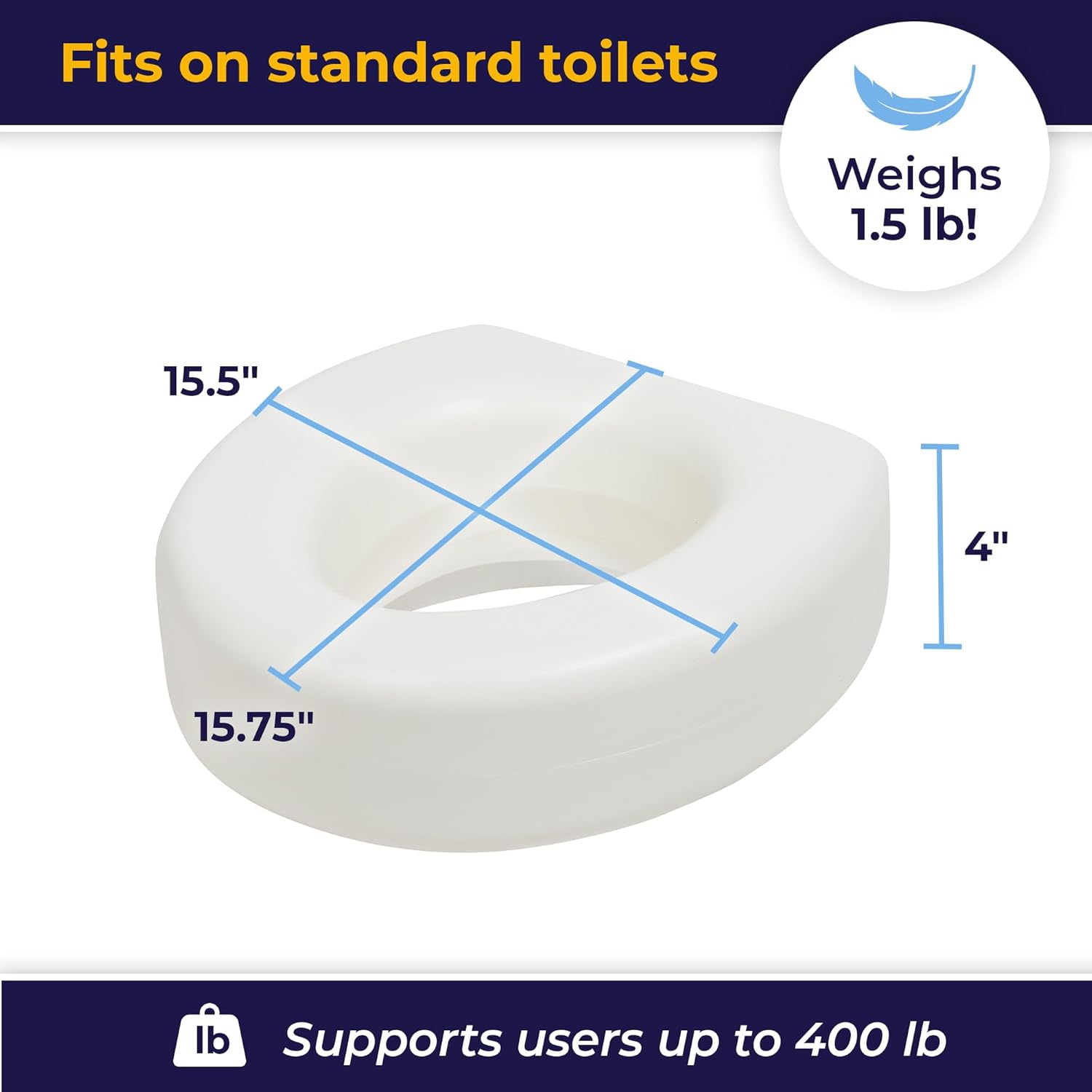 AquaSense 4-Inch Portable Toilet Seat Riser, Elevated Seat for Seniors | Elevated Seat Offers Easy Installation and Sturdy