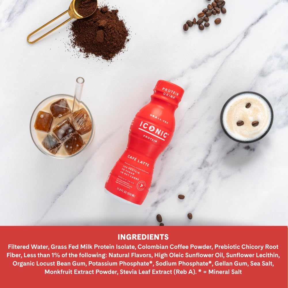Iconic Protein Drinks, Café Latte (12 Pack) - Sugar Free & Low Carb - 20g Protein + 100mg Caffeine - Lactose Free